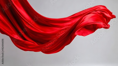 Brilliant red silk fabric flows gracefully through the air against a muted background