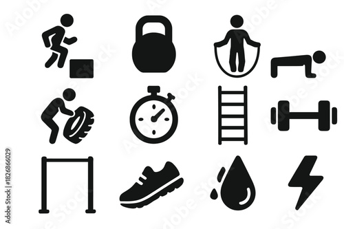 Cross Training Icons. Cross training. Solid icon set of cross training: box jump, kettlebell, rope skipping, burpee pose, tire flip, stopwatch, speed ladder,