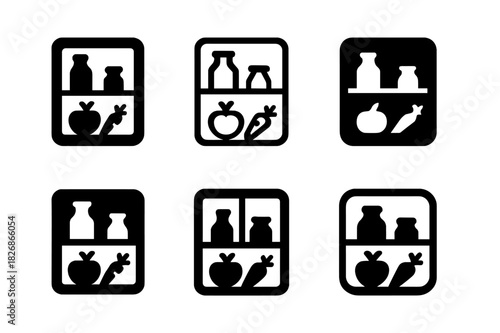 Grocery Organization Icons. Putting groceries away. Icon set. Set Logo of putting groceries away: organized fridge shelves with bottles and produce icons.