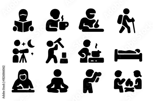 Cabin Activity Icons. Activities at the cabin. Solid icon set of Activities at the cabin: reading, sipping coffee, sketching, hiking, stargazing, chopping