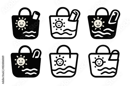 Beach Bag Icon Set. Packing a beach bag. Icon set. Set Logo of packing a beach bag: cheerful bag with sun, waves, and towel motif. harmonious logo variations