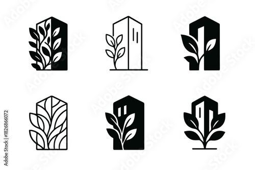 Eco Architecture Logos. Ecological architecture blending with nature. Icon set. Set Logo of ecological architecture blending with nature: living wall facade.