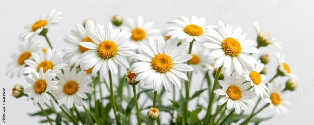 Fototapeta premium White chamomile flowers with yellow centers bloom vibrantly on green stems, creating fresh and cheerful natural scene