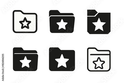 Saved Post Icons. Saved post folder mockup. Icon set. Set Logo of saved post folder mockup: open folder with star icon representing favorite content.