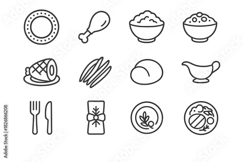 Holiday Dinner Icons. Holiday dinner plate. Line icon set of holiday dinner plate: festive plate, turkey leg, mashed potatoes, cranberry sauce, holiday ham,