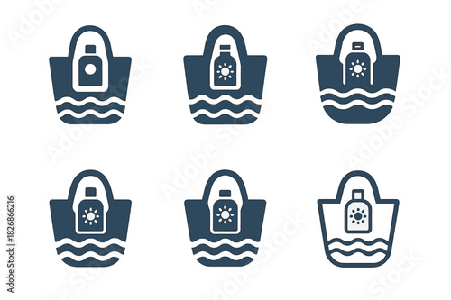Beach Bag Icons. Packing a beach bag. Icon set. Set Logo of packing a beach bag: bag with waves pattern and sun lotion bottle. harmonious logo variations of