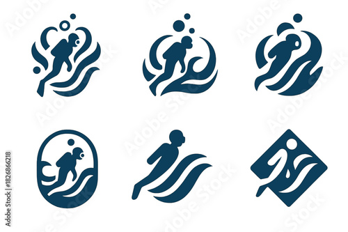 Diver Logo Variations. Water sports. Icon set. Set Logo of water sports: diver silhouette surrounded by bubbles and currents. harmonious logo variations of the