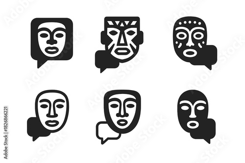 Storytelling Night Icons. Cultural storytelling nights. Icon set. Set Logo of storytelling nights: traditional mask and speech icons. harmonious logo