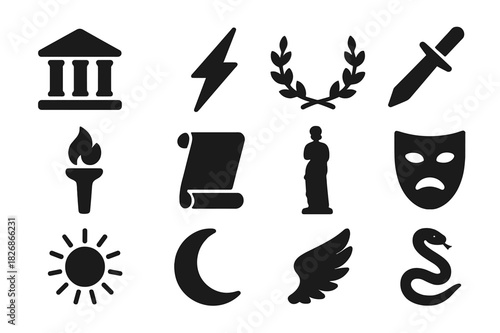 Ancient Myths Icons. Ancient myths. Solid icon set of ancient myths: temple, thunderbolt, laurel wreath, sword, torch, scroll, statue, mask, sun, moon, wing,