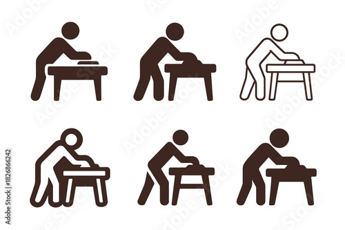 Vintage Craftsmanship Icons. Restoring antique furniture and home items. Icon set. Set Logo of vintage craftsmanship: hand sanding table. harmonious logo