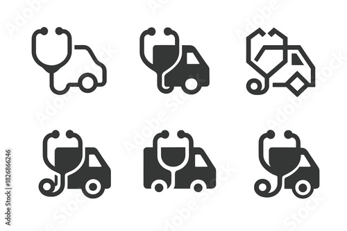 Mobile Medical Logos. Mobile medical unit. Icon set. Set Logo of mobile medical unit: stethoscope. harmonious logo variations of the same emblematic concept