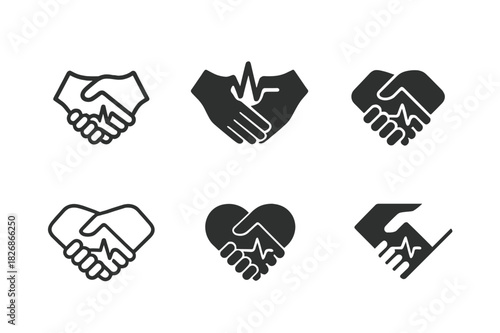 Emotional Leadership Icons. Emotional intelligence leadership. Icon set. Set Logo of Emotional intelligence leadership: empathetic handshake with pulse line.