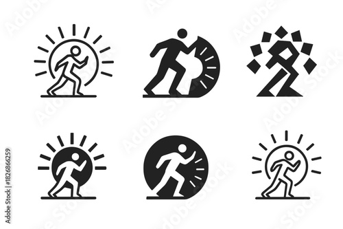 Motivational Logo Variations. Self-motivation. Icon set. Set Logo of self-motivation: rising sun behind a figure pushing forward. harmonious logo variations of
