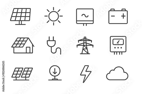Solar Energy Icons. Solar energy systems. Line icon set of solar energy systems: solar panel, sun, inverter, battery, roof installation, electric plug, power