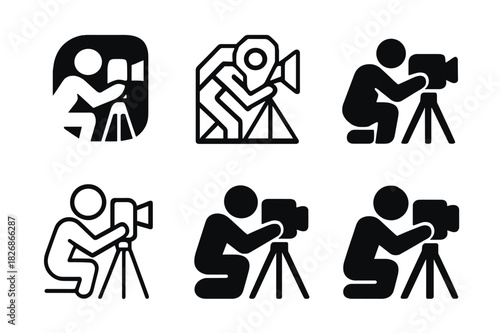 Director Camera Icons. A director adjusting the camera on set for a close-up shot. Icon set. Set Logo of A director adjusting the camera on set for a close-up