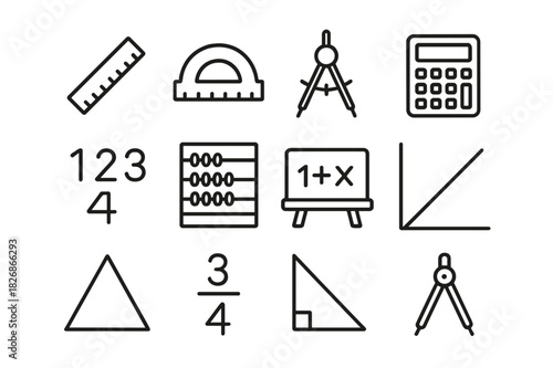 Math Tools Icons. Math class. Line icon set of math class: ruler, protractor, compass, calculator, abacus, chalkboard, numbers, equation, graph, triangle,