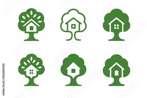 Ecological Architecture Icons. Ecological architecture blending with nature. Icon set. Set Logo of ecological architecture blending with nature: treehouse.
