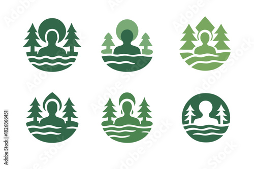 Nature Wellness Logos. Nature-based wellness tourism. Icon set. Set Logo of wellness tourism: natural hot tub silhouette. harmonious logo variations of the