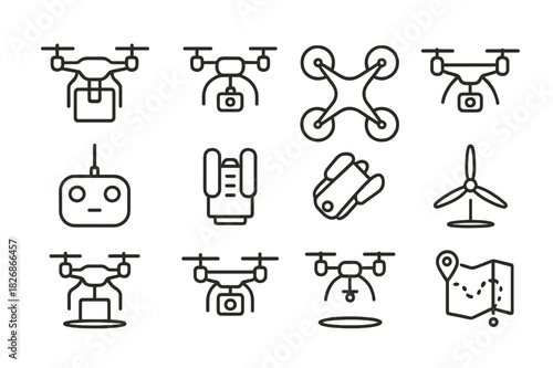 Delivery Drone Icons. Delivery Drones. Line icon set of Delivery Drones: drone with package, delivery drone, quadcopter, drone in flight, drone controller,