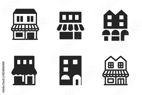 Mixed-Use Neighborhood Icons. Mixed-use neighborhoods. Icon set. Set Logo of mixed-use neighborhoods: stylized city block with storefronts and apartments