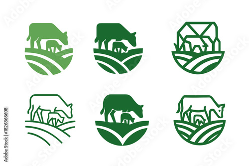 Sustainable Farming Logos. Sustainable farming practices. Icon set. Set Logo of sustainable farming: farm animals grazing. harmonious logo variations of the
