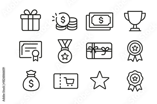 Financial Reward Icons. Financial Rewards. Line icon set of Financial Rewards: bonus money, coins, cash stack, trophy, certificate, medal, gift card, hand