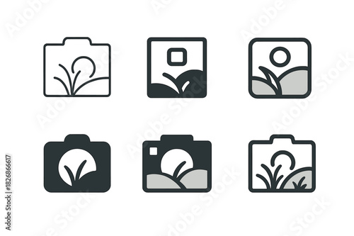 Nature Photoshoot Logos. May photoshoot in nature. Icon set. Set Logo of nature photoshoot: meadow and photo frame. harmonious logo variations of the same