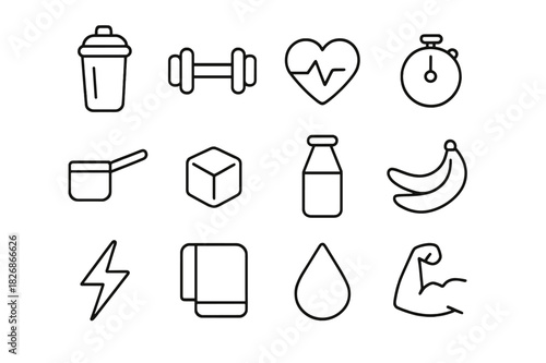 Post-Workout Icon Set. Post-workout recovery shakes. Line icon set of post-workout recovery shakes: shaker bottle, dumbbell, heart rate, stopwatch, protein