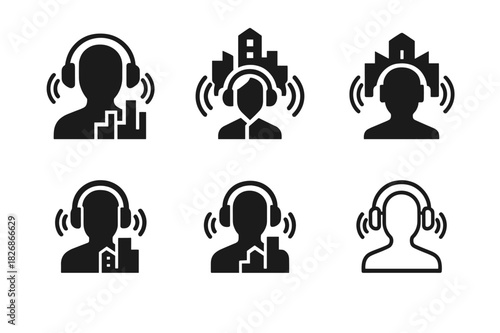 Noise-Cancelling Icons. Using Noise-Cancelling Headphones. Icon set. Set Logo of peaceful commute: traveler with headphones blocking city noise. harmonious