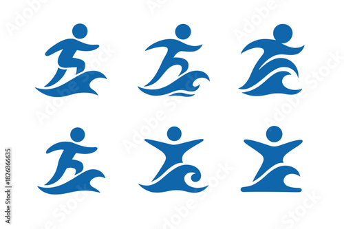 Water Sports Logos. Water sports. Icon set. Set Logo of water sports: abstract wave with human silhouette representing motion and energy. harmonious logo
