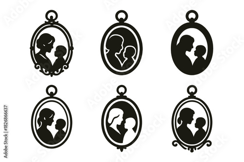 Emblematic Icon Variations. Family Heritage Wall. Icon set. Set Logo of Family Heritage Wall: vintage locket. harmonious logo variations of the same emblematic