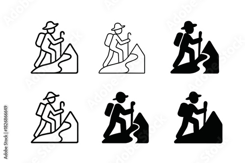 Pilgrim Icon Set. Holy pilgrimage. Icon set. Set Logo of Holy pilgrimage: Pilgrim on mountain path. harmonious logo variations of the same emblematic concept