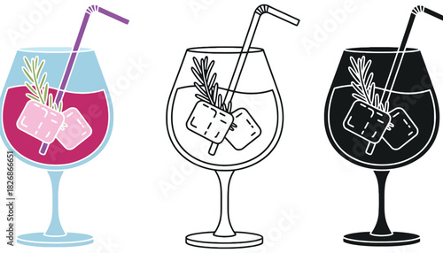 Delicious cocktail illustration with ice cubes and rosemary sprig