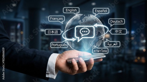 Global communication through a smartphone with multiple languages displayed in a modern office setting at night