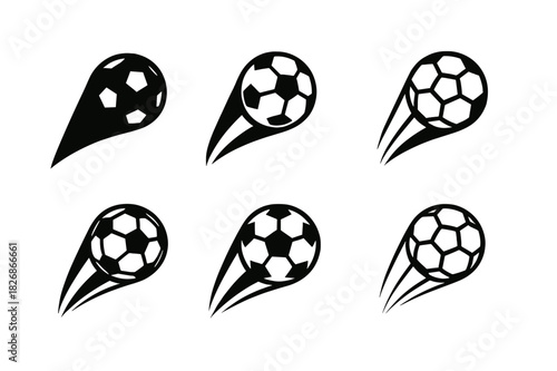 Dynamic Soccer Logos. soccer ball in motion. Icon set. Set Logo of soccer ball in motion: bouncing ball arc. harmonious logo variations of the same emblematic