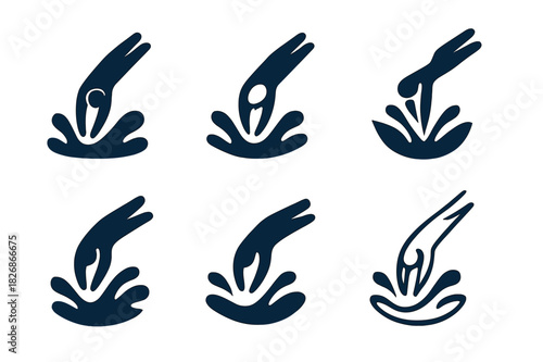 Diverse Water Sports Logos. Water sports. Icon set. Set Logo of water sports: swimmer icon diving into stylized splash. harmonious logo variations of the same