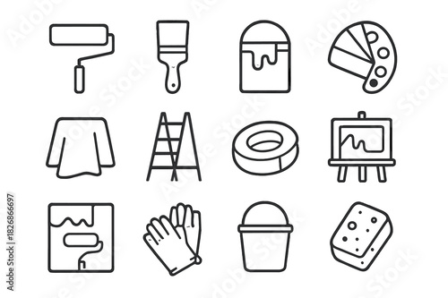 Painting Tools Icons. Painting Projects. Line icon set of Painting Projects: paint roller, paintbrush, paint can, color palette, drop cloth, ladder, painter?s