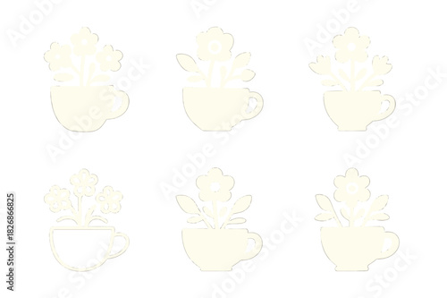 Mother's Day Icons. Mother?s Day flower arrangements and gifts. Icon set. Set Logo of Mother?s Day flower arrangements and gifts: teacup centerpiece with