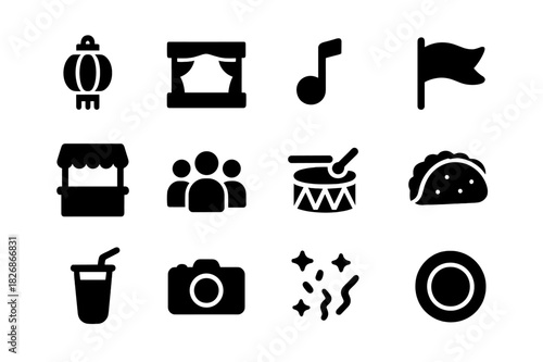 Cultural Festival Icons. Cultural festival. Solid icon set of cultural festival: lantern, stage, music note, flag, food stall, crowd, drum, taco, drink,