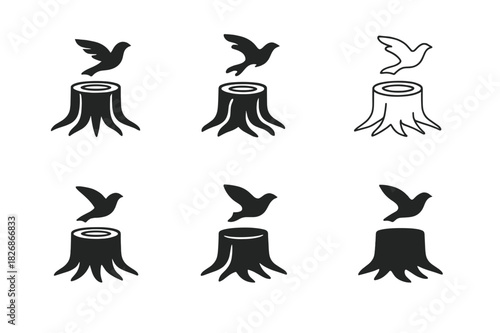 Biodiversity Loss Icons. biodiversity loss. Icon set. Set Logo of biodiversity loss: tree stump with departing bird. harmonious logo variations of the same