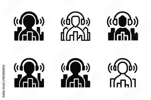 Noise-Cancelling Icons. Using Noise-Cancelling Headphones. Icon set. Set Logo of peaceful commute: traveler with headphones blocking city noise. harmonious