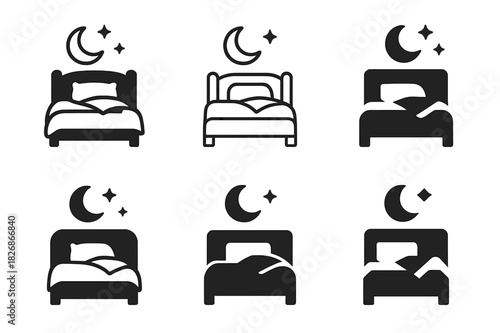 Cozy Bed Icon Set. Making the bed for the night. Icon set. Set Logo of making the bed for the night: cozy bedroom setup. harmonious logo variations of the same