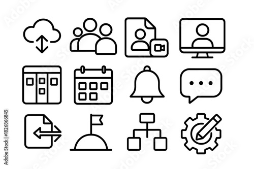 Collaboration Workspace Icons. Collaboration Workspace. Line icon set of Collaboration Workspace: cloud storage, team avatars, shared document, video call,
