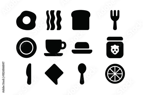 Classic Breakfast Icons. Classic breakfast. Solid icon set of classic breakfast: fried egg, bacon, toast, fork, plate, coffee cup, butter, jam, knife, napkin,