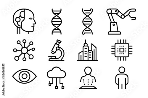 Post-Humanity Icon Set. Post-humanity researcher. Line icon set of post-humanity researcher: cyborg head, AI brain, DNA helix, robotic arm, neural network,