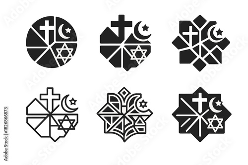 Religion and Culture Icons. The role of religion in shaping cultures. Icon set. Set Logo of religion and culture: cultural mosaic of belief. harmonious logo