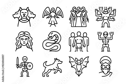Greek Underworld Icons. Greek underworld creatures. Line icon set of Greek underworld creatures: Cerberus, Harpies, Furies, Gorgons, Chthonic Serpent, Shades,