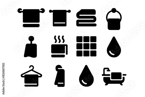 Bathroom Towel Icons. Bathroom Towel Setup. Solid icon set of Bathroom Towel Setup: towel rack, bar, folded towel, ring holder, hook, steam, tile, shelf, wall