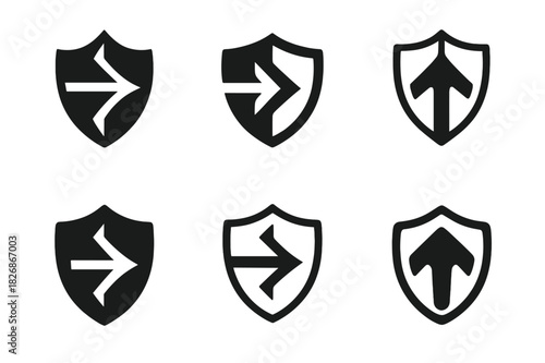 Offense vs Defense Logos. Offense vs Defense. Icon set. Set Logo of Offense vs Defense: arrowhead. harmonious logo variations of the same emblematic concept,