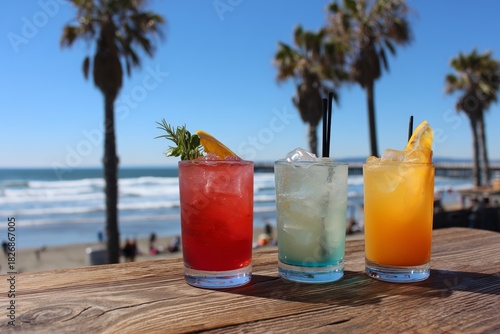 Colorful Tropical Drinks by the Beach on a Sunny Day at the Ocean